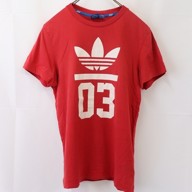 アディダス Tシャツ S 赤 白 半袖 adidas ロゴ クルーネック /トレフォイル メンズ レディース 古着 中古 st74_画像1