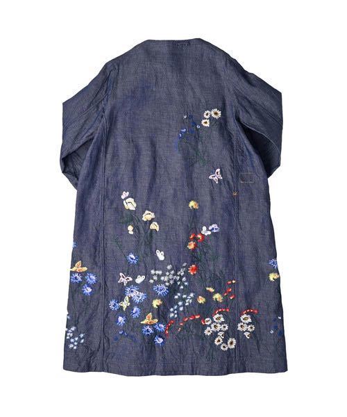 45rpm 45r 綿麻ざっくりデニムの刺繍コート インディゴ フラワー 刺繍 