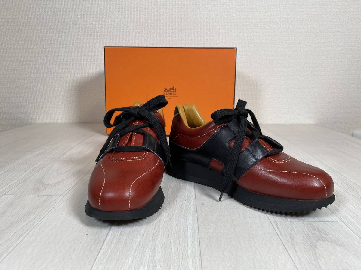 未使用☆HERMES エルメス クイック Hロゴ レザー スニーカー エンジ