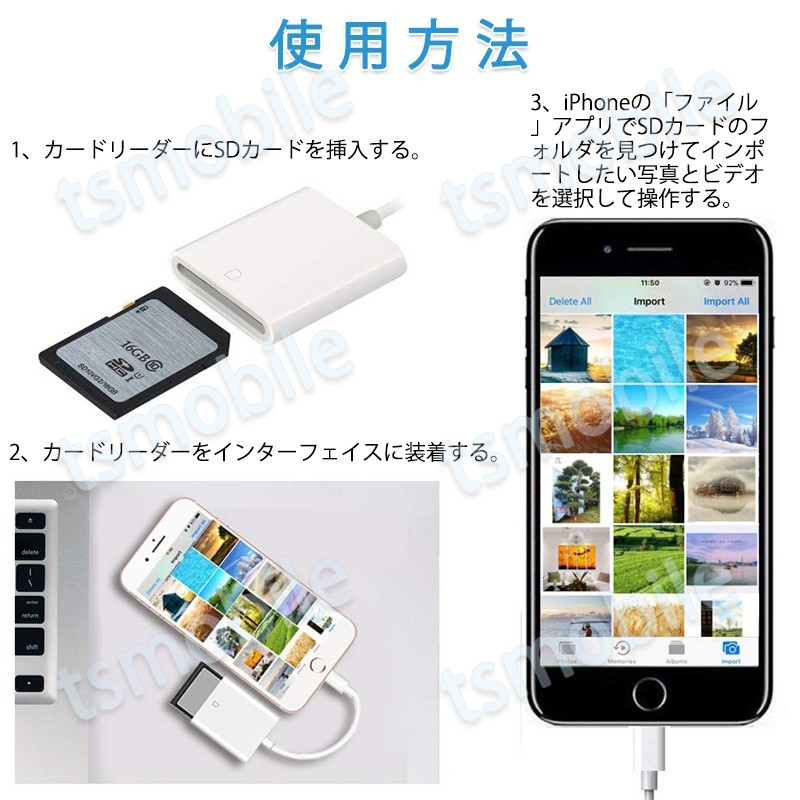 iPhone用SDカードリーダー lightning⇔SDアダプタ ケーブル iPad Lightningライトニング専用 