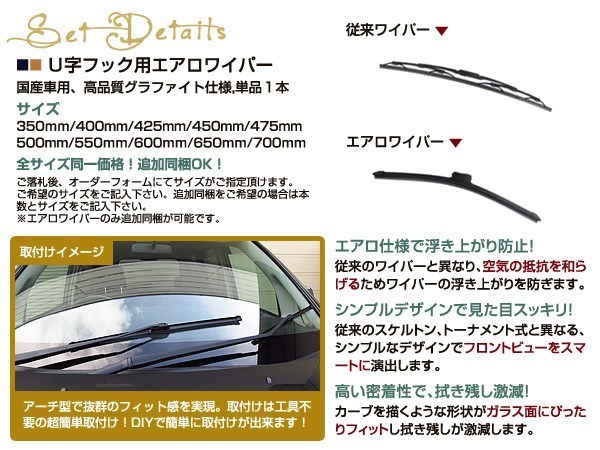 400mm 助手席 エアロ ワイパー ブレード グラスファイト U字フック フラット ゴム一体型 ヴォクシー ZRR70.75G.W_画像2