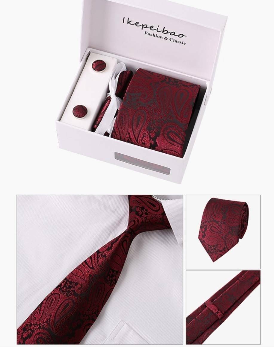 ペイズリー柄　刺繍　ネクタイ　4点セット　ワインレッド