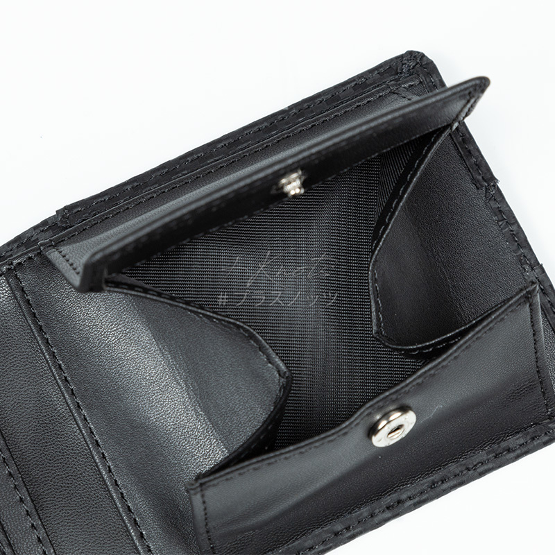 薄い財布 軽い財布 ひとまわり小さい財布カーボンレザー二つ折り財布【ブラック+ブラック】メンズ財布 薄型財布