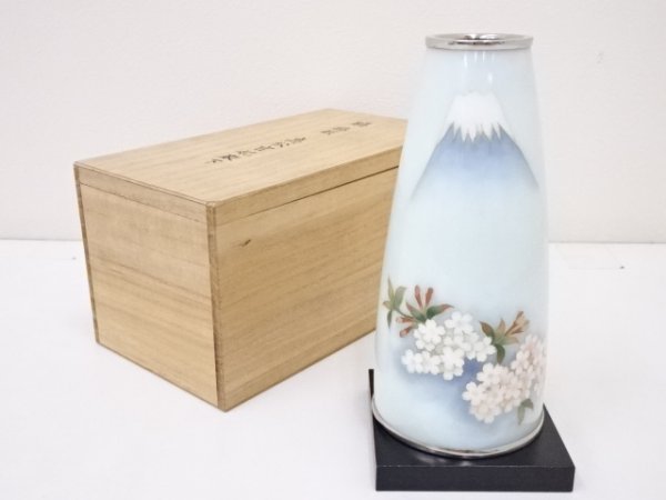 美品  4180630: 有線七宝富士に桜図花瓶 花器、壷