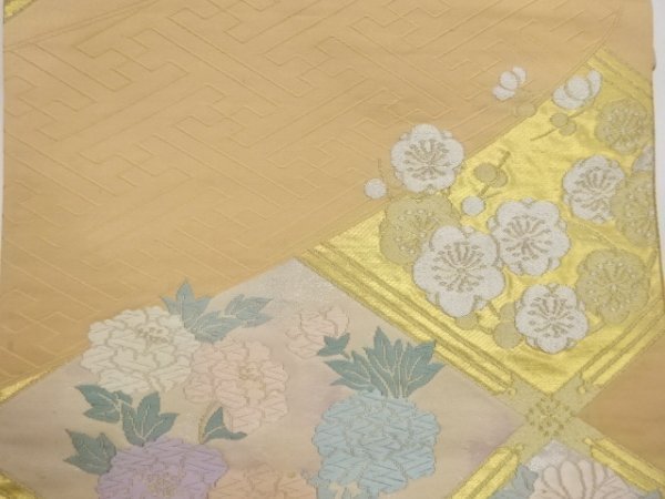 安心販売中 O-2427 袋帯 膨れ織 菊と牡丹の花 松 紅葉 金銀糸 ladonna