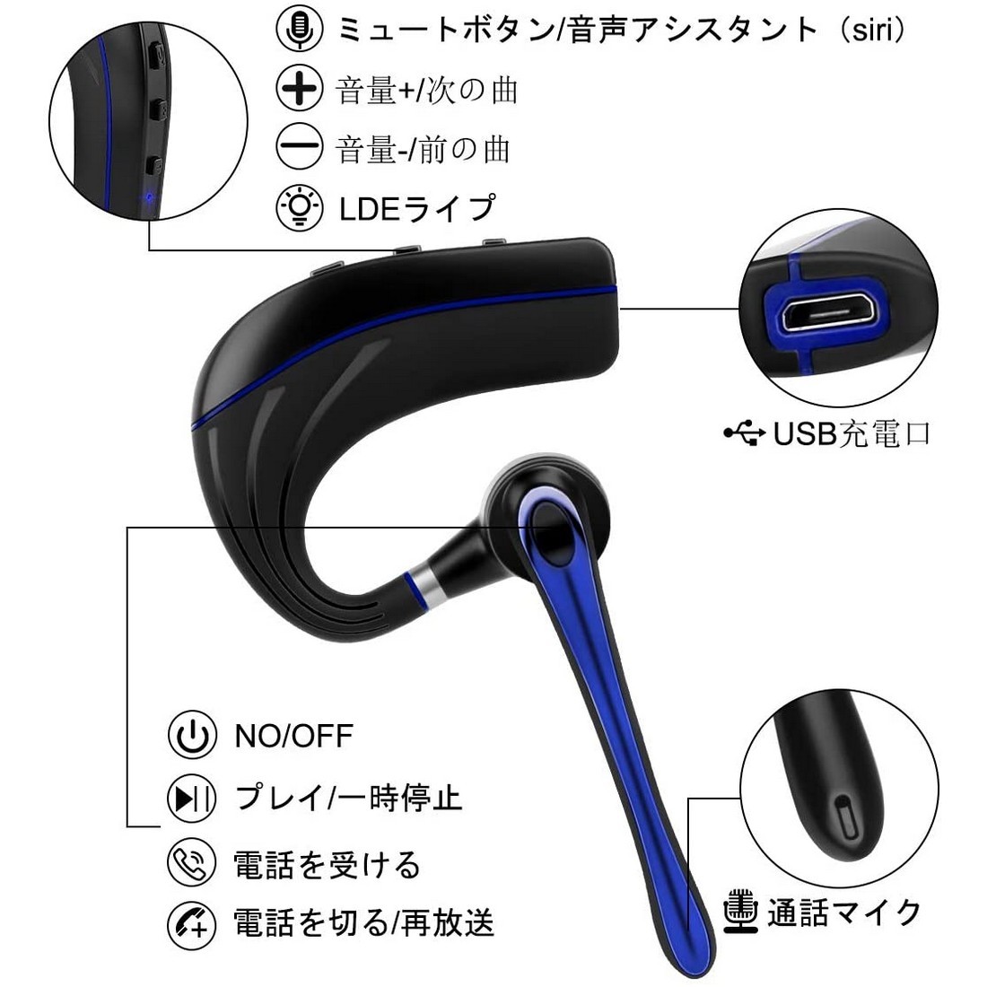 Bluetooth ヘッドセット5.0 ブルー 高音質片耳 内蔵マイク Bluetoothイヤホン ビジネス ハンズフリー 日本技適マーク取得 日本語取扱書_画像2