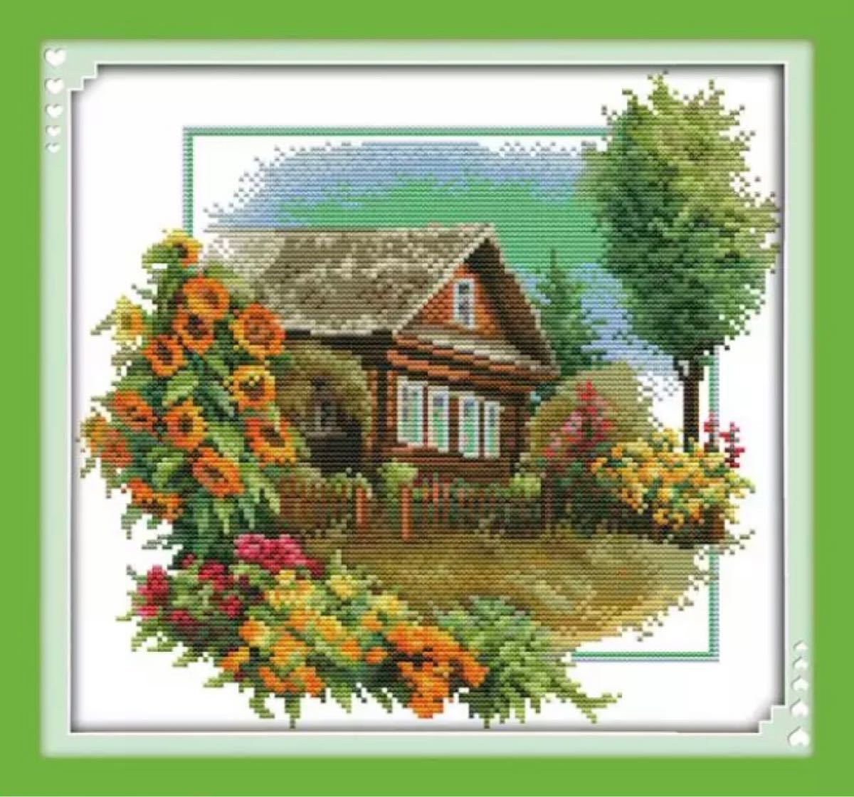 花に囲まれた家 クロスステッチキット 図案印刷