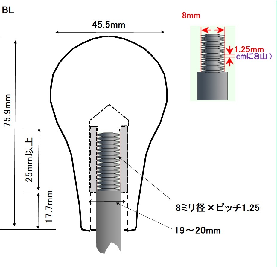 木製シフトノブ(材質：ウォールナット-集成材）8x1.25mm（BL-45.5D75.9L)_サイズをよく確認して下さい。