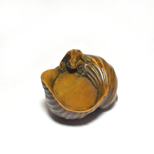 根付 貝に蛙 柘植 木彫品 木製 彫刻品 na07-r-22_画像3
