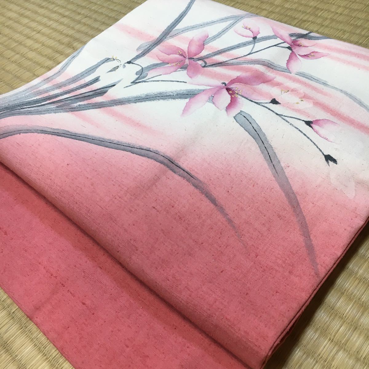  Nagoya obi orchid *. flower writing sama light . color / hand .. author thing ../365cm/ pongee silk beautiful goods /ay143/ tea seat tea ceremony . road .. old undecorated fabric visit wear fine pattern 