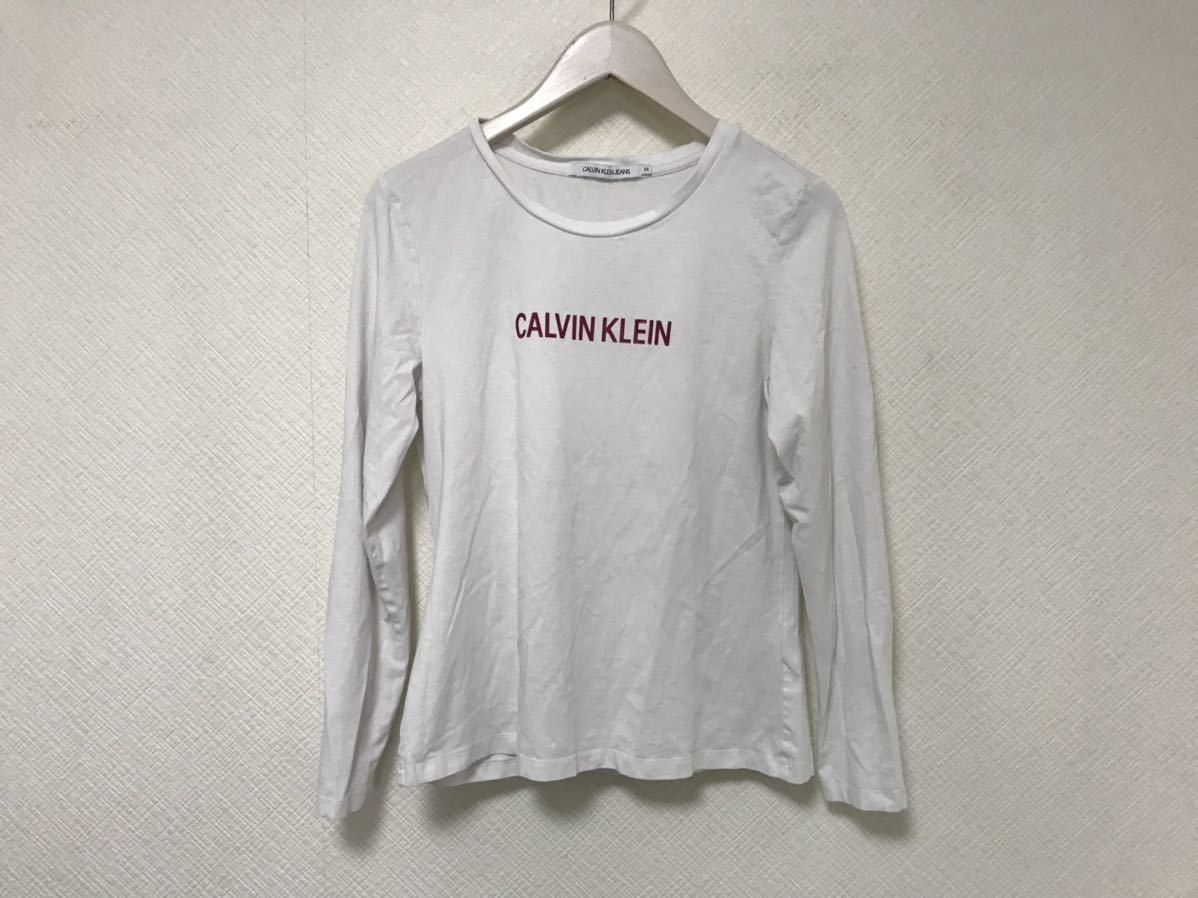 本物カルバンクラインジーンズ Calvinkleinコットンストレッチロゴ長袖TシャツロンTビジネススーツレディース旅行トラベルM白ホワイト