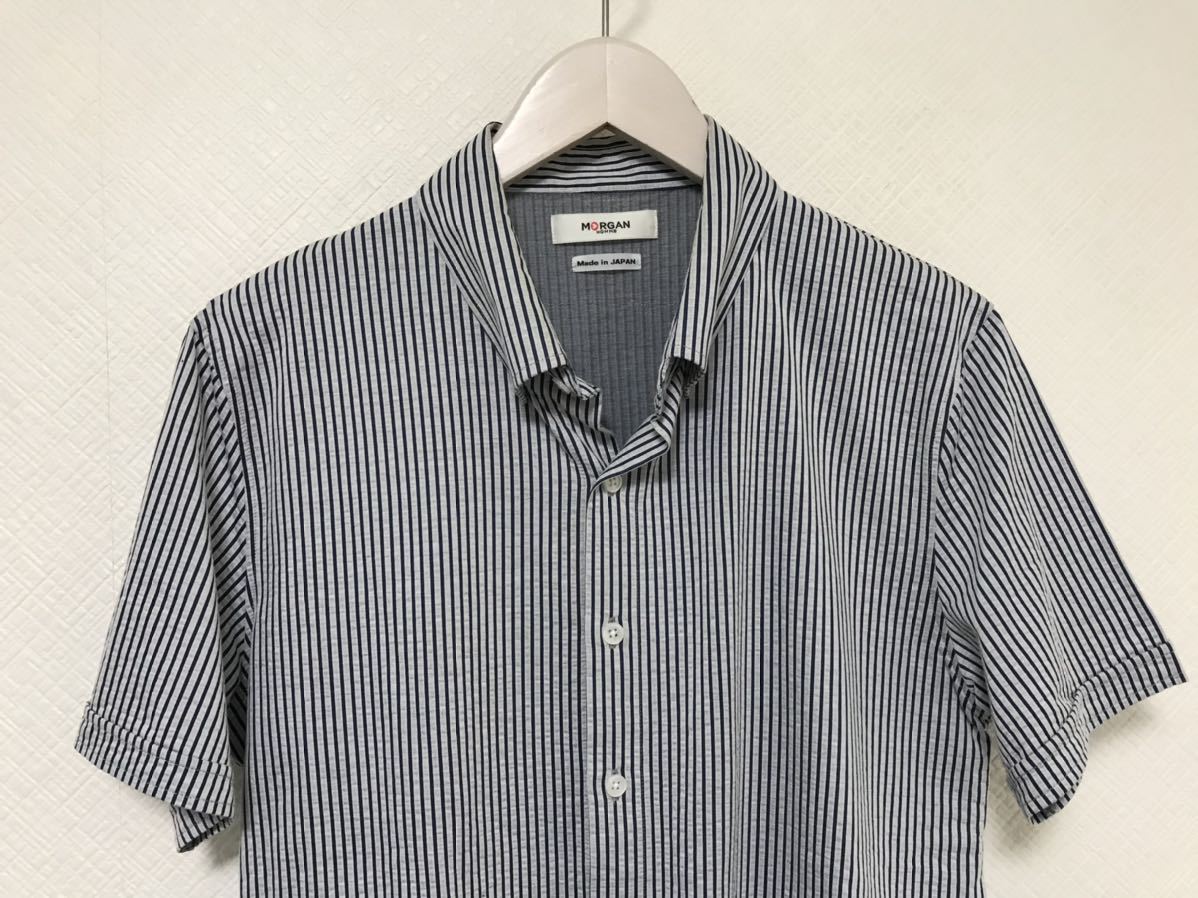  подлинный товар Morgan Homme MORGAN полоса рисунок рубашка с коротким рукавом деловой костюм мужской темно-синий темно-синий серый XL сделано в Японии 