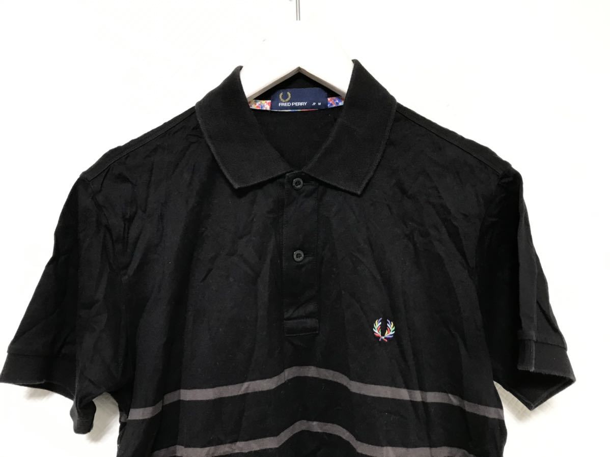  genuine article Fred Perry FREDPERRY cotton border pattern polo-shirt with short sleeves American Casual Surf business suit men's black black M made in Japan 