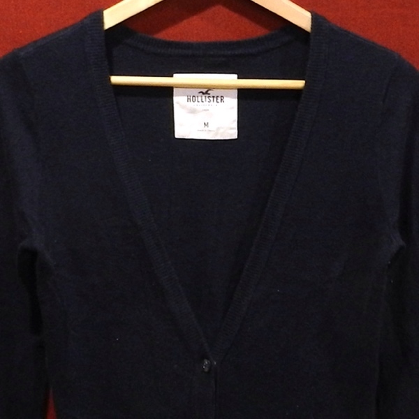 HOLLISTER Hollister cotton screw course Logo patch thin knitted cardigan navy blue lady's M size 