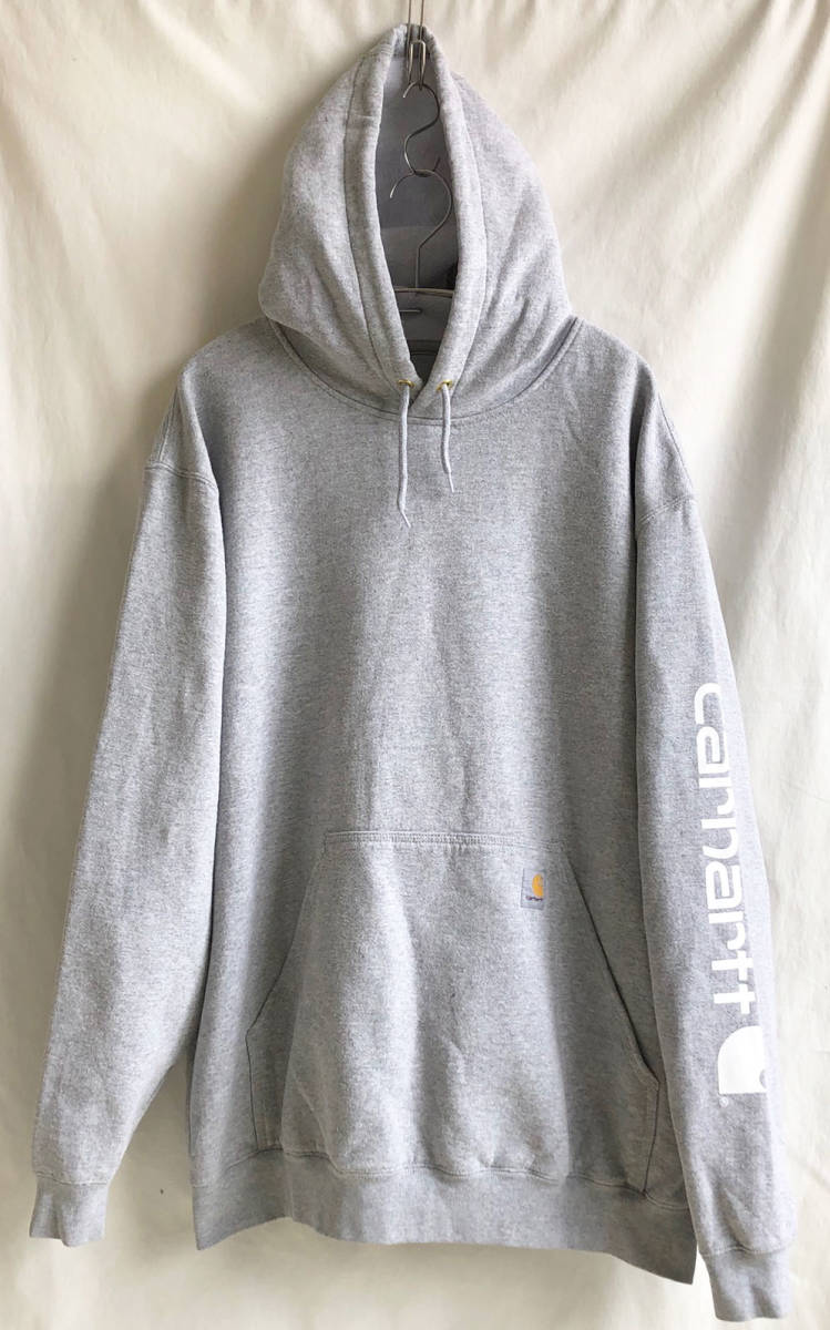 即決【ヴィンテージ/Carhartt】アームロゴ スウェットパーカー/フード/XL/ヘザーグレイ/ビックサイズ/カーハート/アメリカ企画 (jt-223-5b)