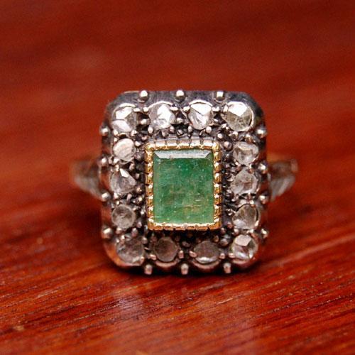  antique emerald diamond Gold silver ring 