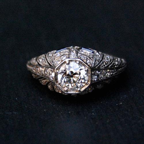  античный бриллиант сапфир белое золото кольцо 