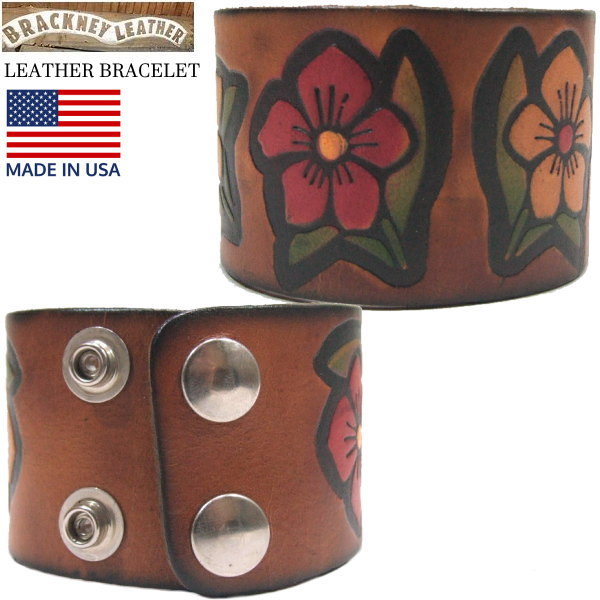 ★アメリカ製 ブラックニーレザー 型押し 花柄 ハンドペイント 本革 ワイド レザーブレスレット 茶 MADE IN USA BRACKNEY LEATHER WORKS_USA製ブラックニーレザー花柄本革ブレス 茶