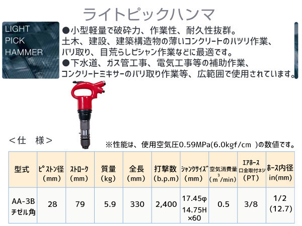 ライトピックハンマ AA-3B チゼル角タイプ エアーハンマー TOKU 東空販売 送料無料_画像2