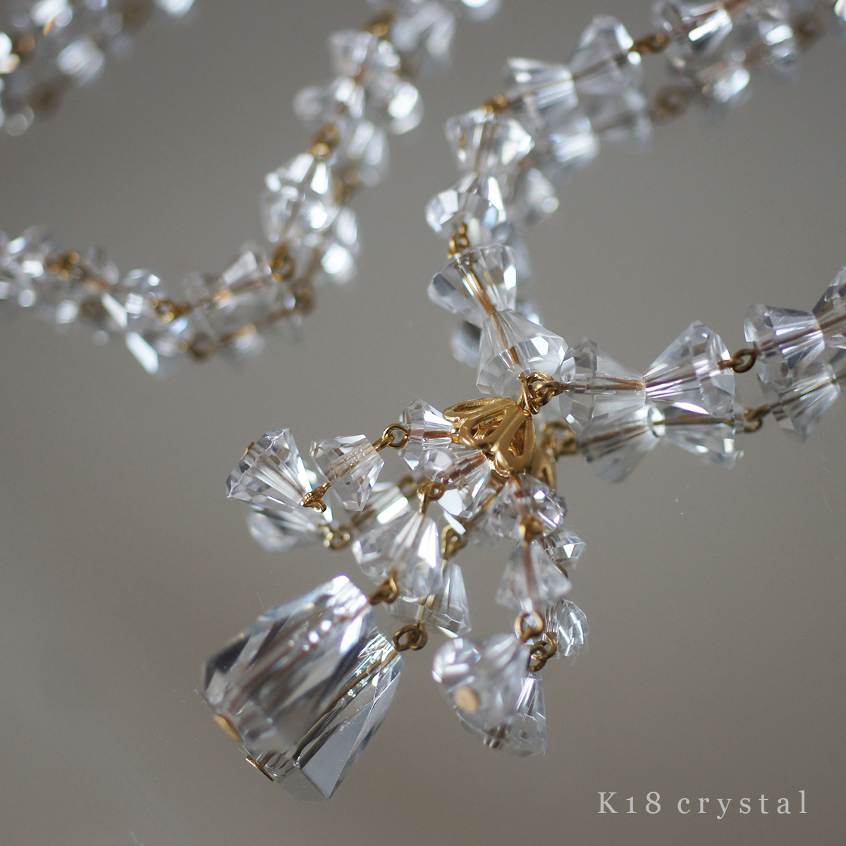 K18 YG 最大約13㎜ クリスタル チェーン ネックレス 17.9g 水晶