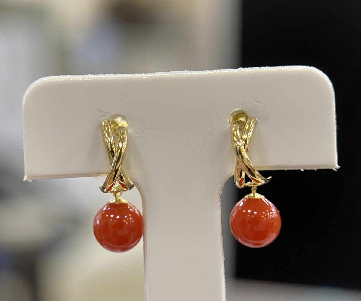 イタリア赤珊瑚ピアス 丸玉 K18 金 イエローゴールド 5mm ピアス