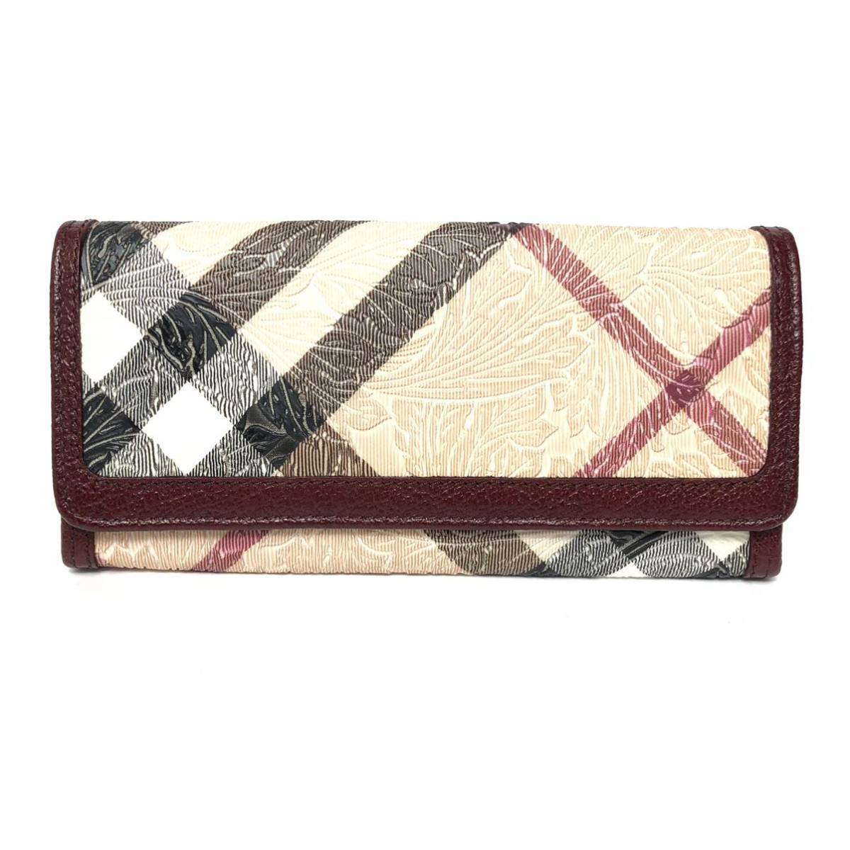 BURBERRY バーバリー 長財布 ノバチェック ボルドー 植物柄 リーフ www
