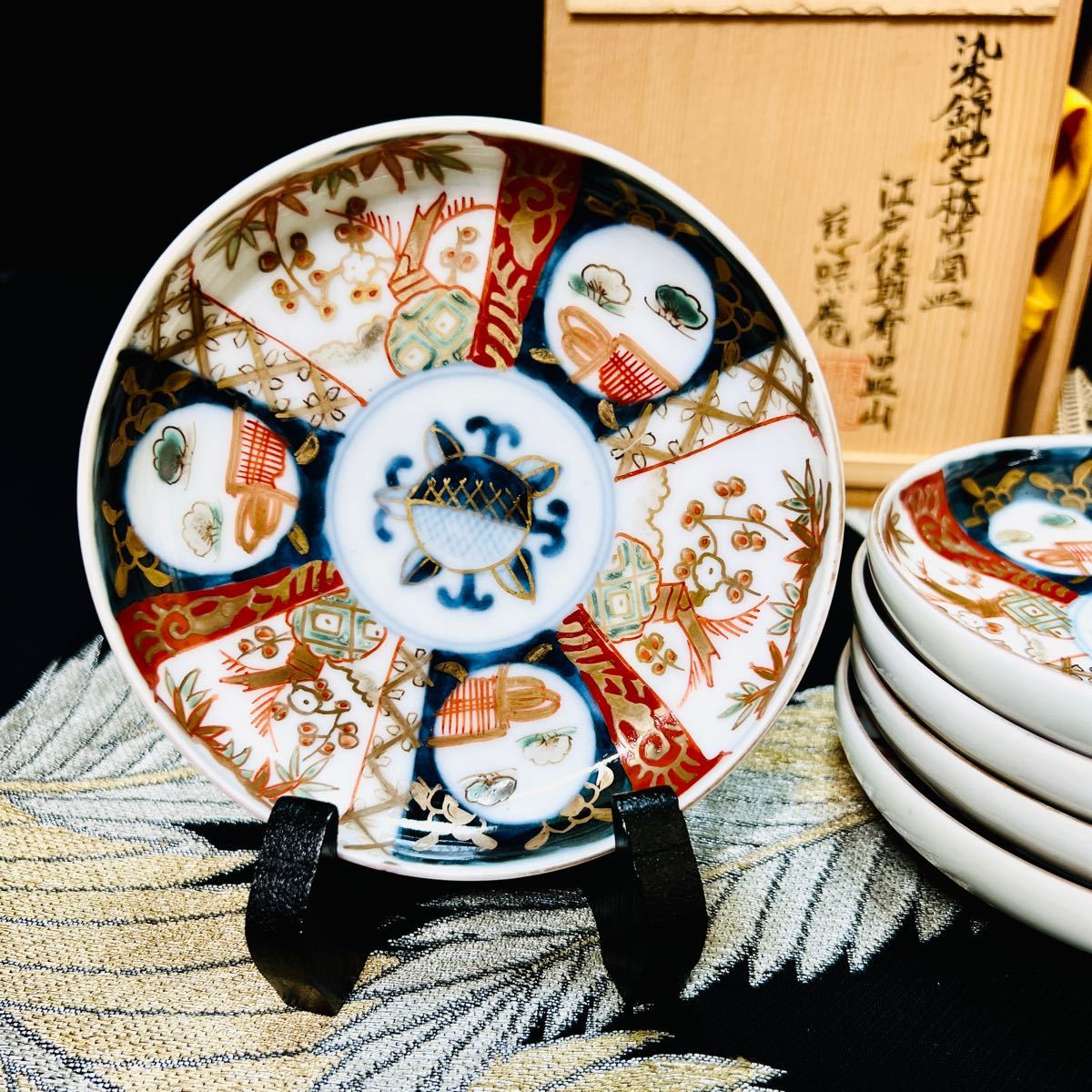 おトク】 食器-有田焼 古伊万里 染錦地文梅竹図 皿 5客 江戸後期 共箱 売場 古伊万里 有田焼 蔵出し 通り物 陶芸
