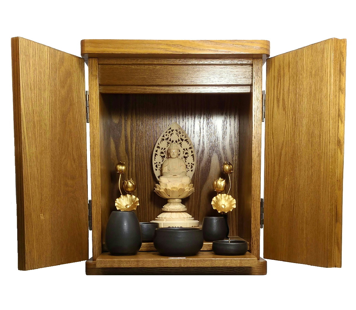 値引きする  厨子型仏壇 『御室』 ＋YASURAGI（五具足）＋仏像（座釈迦如来）＋華瓶付ミニ常花セット 仏壇