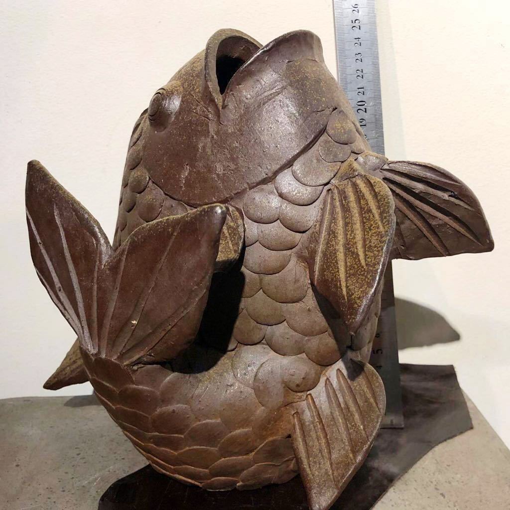 【即決/送料無料】 魚型陶磁器花瓶 魚型花器 全高25cm 珍品 インテリア 中古 ジャンク