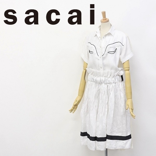 ◆sacai/サカイ 3690 ウエストベルト ウエスタン シャツ ギャザー プリーツ スカート ドッキング ワンピース オフホワイト系