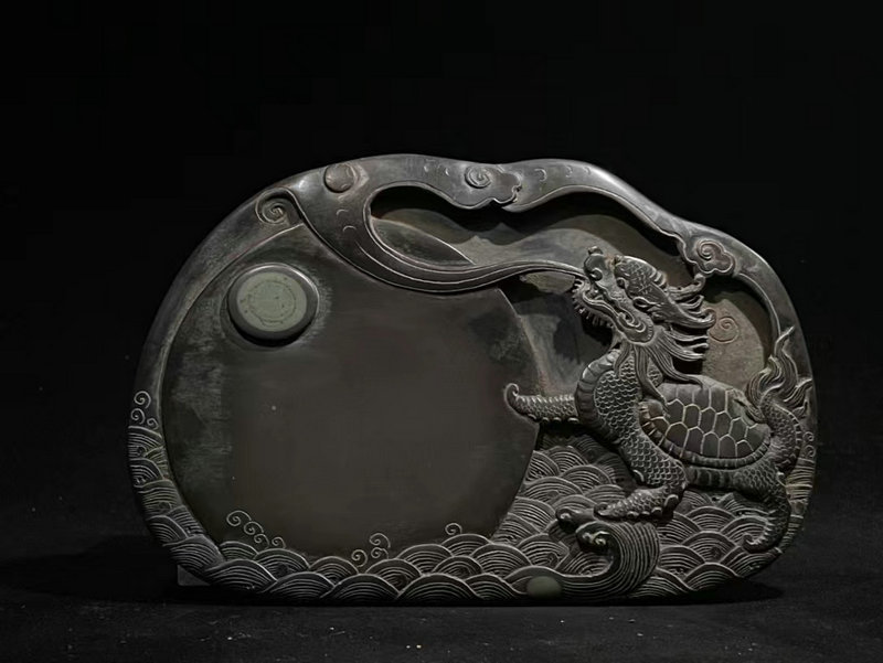 清・老坑端硯・麒麟端形硯・抄手硯・置物』極細工・古賞物・中国古玩