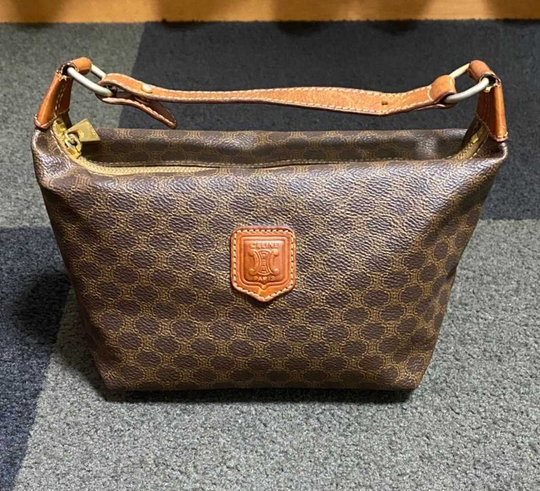CELINE セリーヌ マカダム柄 アクセサリーポーチ ミニハンドバッグ バニティ 茶