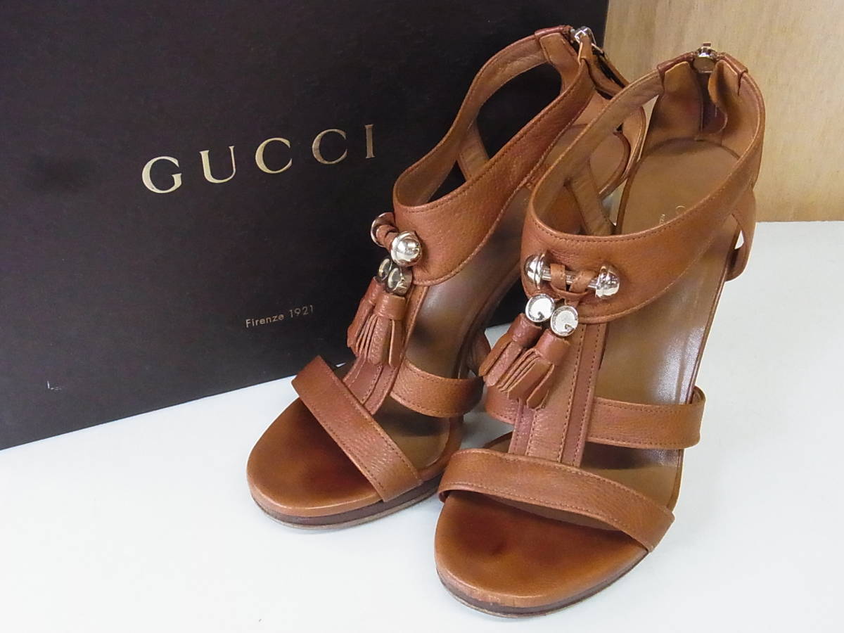 TS 綺麗 GUCCI グッチ フリンジタッセル バックジップ サンダル 茶