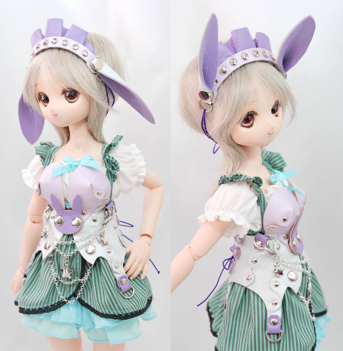 千葉DOLL工房 本革製 ウサミミ バニー カチューシャ ヘッドドレス コルセット セット ファンシー 紫 MDD MDDもちあし などに利用可能_画像2