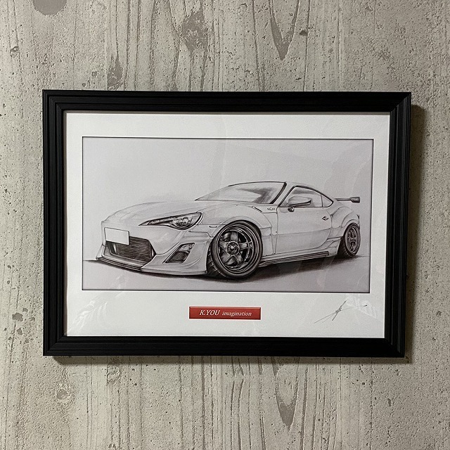 トヨタ　TOYOTA　86カスタム フロント　【鉛筆画】名車 旧車 イラスト A4サイズ 額付き サイン入り_画像7