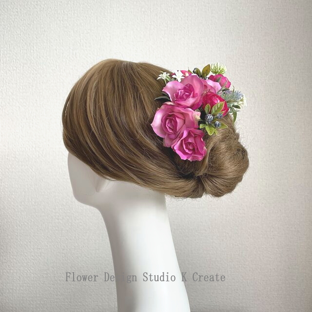 ローズピンクの薔薇とラベンダーのヘッドドレス 造花 薔薇の髪飾り ウェディング 結婚式 発表会 ローズピンク 髪飾り まとめ買い
