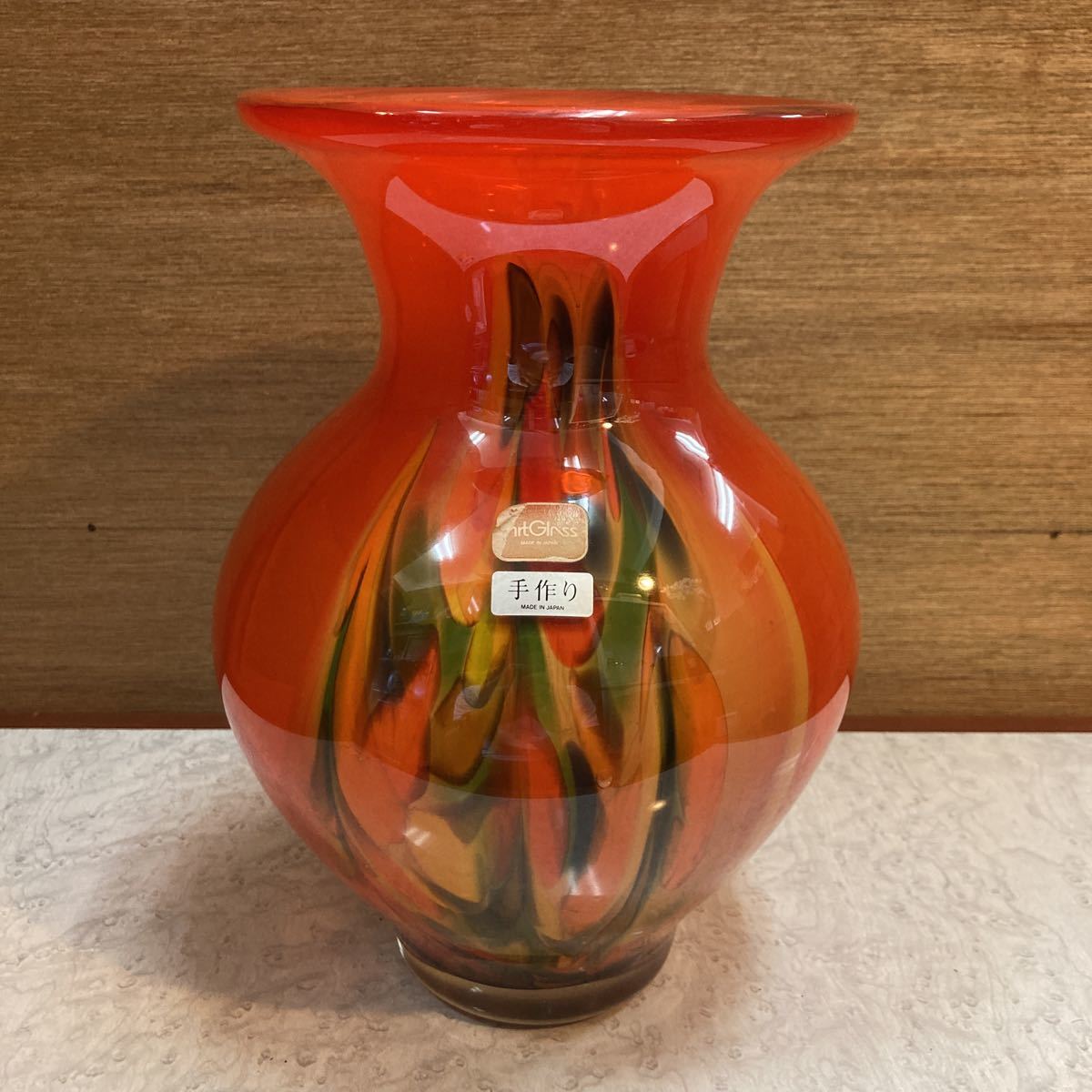 Art Glass 手作り 日本製 ガラス製 花びん 花器 花入 花瓶 ツボ 壺 つぼ 古道具 昭和レトロ インテリア 和風 オブジェ オレンジ系 中古_画像1