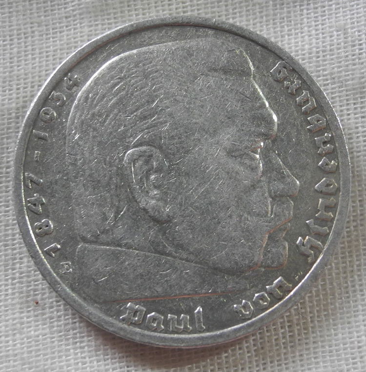 ドイツ 第三帝国 5ライヒスマルク 銀貨 1935年 E 5マルク ヒンデンブルク ナチスドイツ ヒトラー アンティーク_画像1