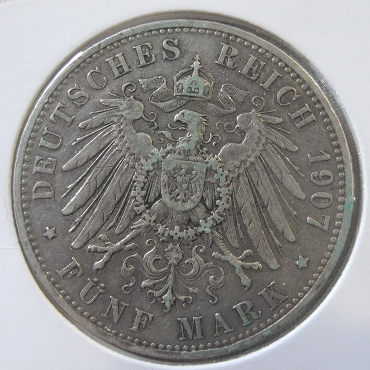 ドイツ バイエルン 5マルク 銀貨 1907年 D オットー1世 美品! アンティーク 古銭 希少品_画像2