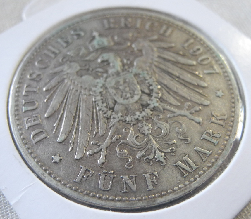 ドイツ バイエルン 5マルク 銀貨 1907年 D オットー1世 美品! アンティーク 古銭 希少品_画像4