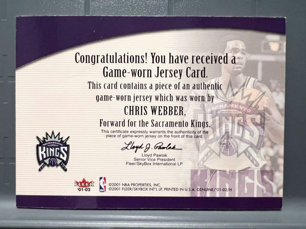 人気シリーズ Jersey 01-02 Fleer Chris Webber クリス・ウェバー NBA 実使用 ユニフォーム Kings キングス Panini バスケ All-star HOF_画像2