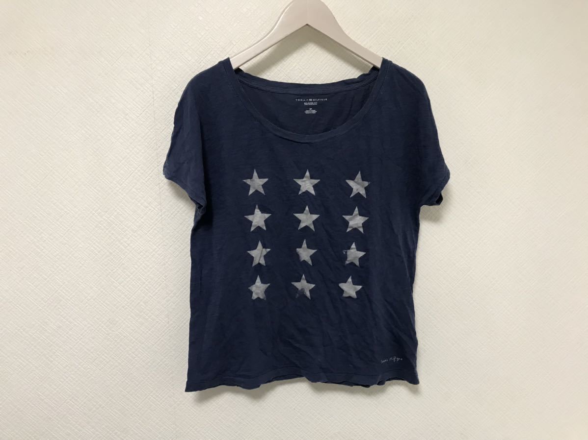 本物トミーヒルフィガーTOMMYプリント半袖Tシャツレディースビジネススーツ紺ネイビー日本製S