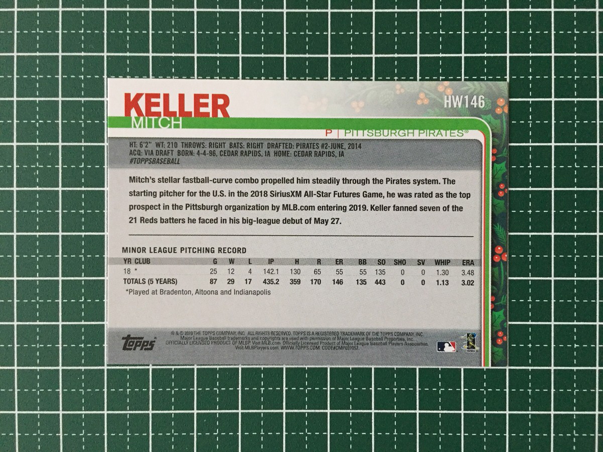 ★TOPPS MLB 2019 HOLIDAY BASEBALL #HW146 MITCH KELLER［PITTSBURGH PIRATES］ベースカード ルーキー「RC」19★_画像2