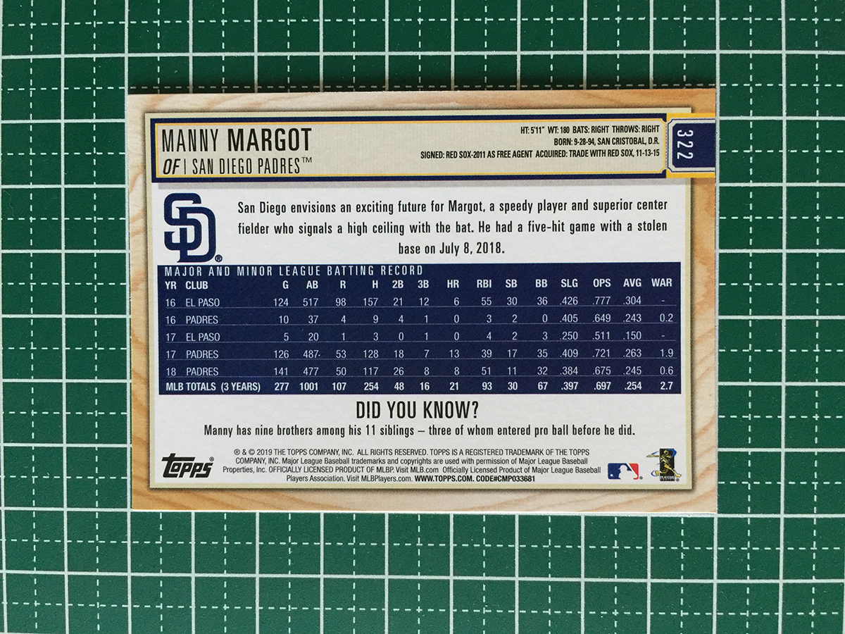 ★TOPPS MLB 2019 BIG LEAGUE #322 MANNY MARGOT［SAN DIEGO PADRES］ベースカード 19★_画像2