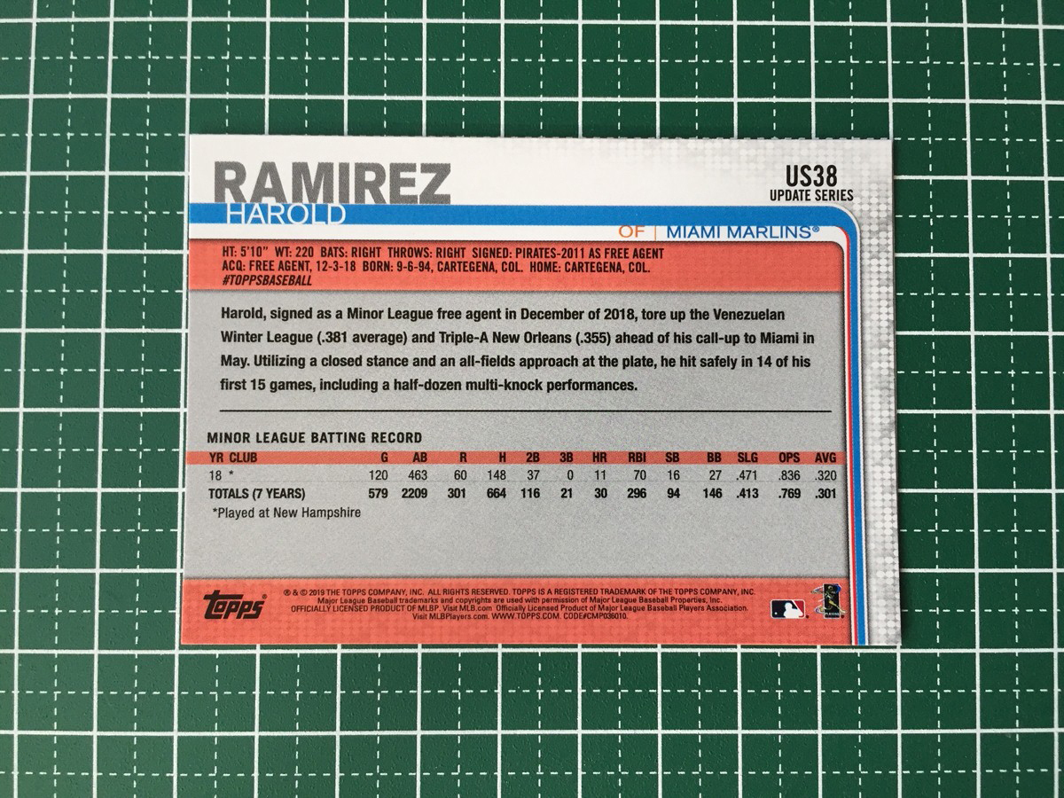 ★TOPPS MLB 2019 UPDATE #US38 HAROLD RAMIREZ［MIAMI MARLINS］ベースカード ルーキー RC 19★_画像2