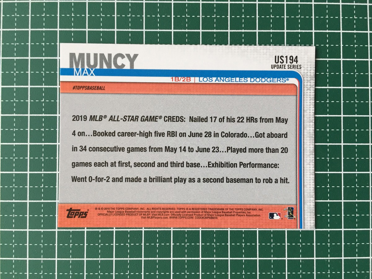 ★TOPPS MLB 2019 UPDATE #US194 MAX MUNCY［LOS ANGELES DODGERS］ベースカード 19★_画像2