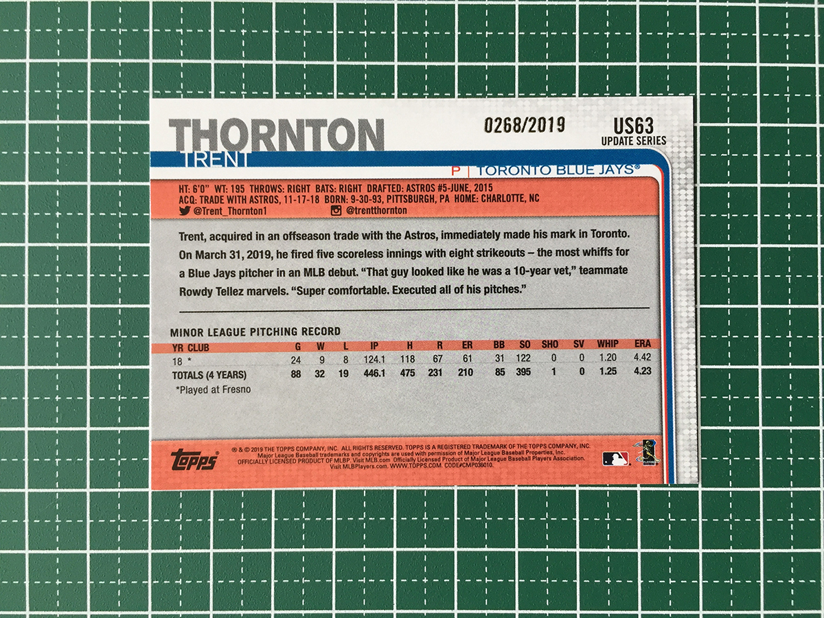 ★TOPPS MLB 2019 UPDATE #US63 TRENT THORNTON［TORONTO BLUE JAYS］2019枚限定 GOLD パラレル版 ルーキー RC 19★_画像2