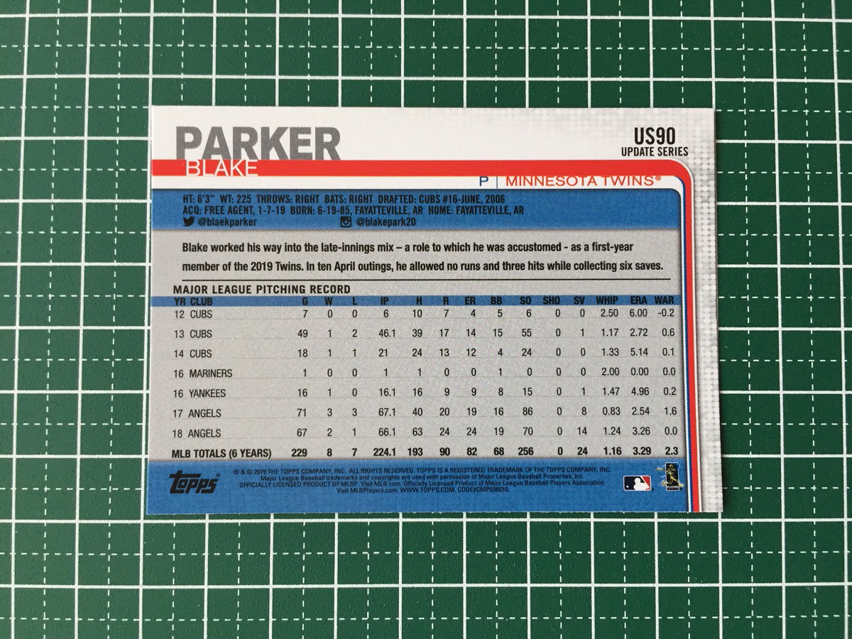 ★TOPPS MLB 2019 UPDATE #US90 BLAKE PARKER［MINNESOTA TWINS］ベースカード 19★_画像2