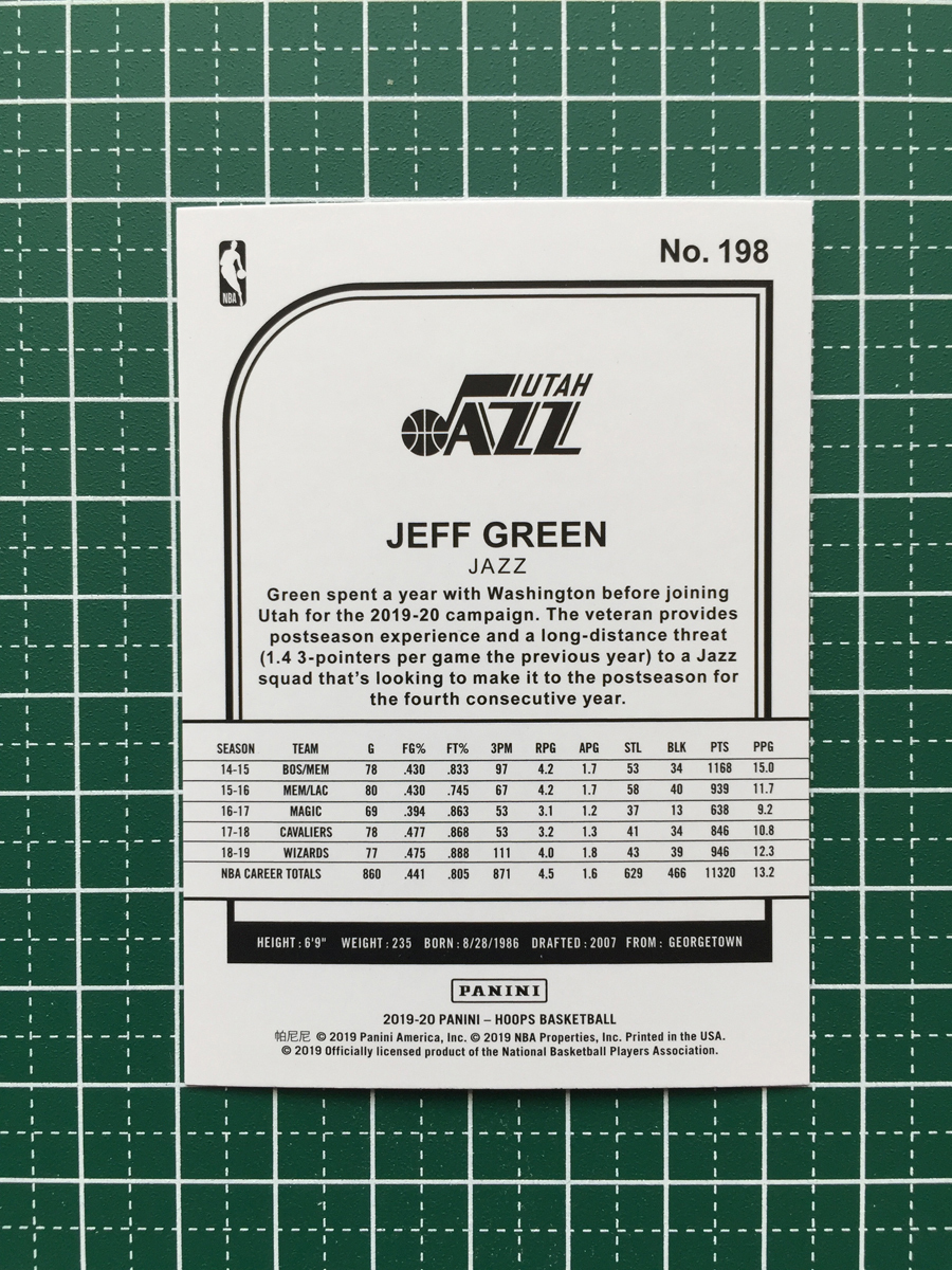 ★PANINI 2019-20 NBA HOOPS #198 JEFF GREEN［UTAH JAZZ］ベースカード 2020★_画像2