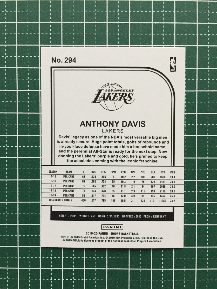 ★PANINI 2019-20 NBA HOOPS #294 ANTHONY DAVIS［LOS ANGELES LAKERS］ベースカード TRIBUTE 2020★_画像2